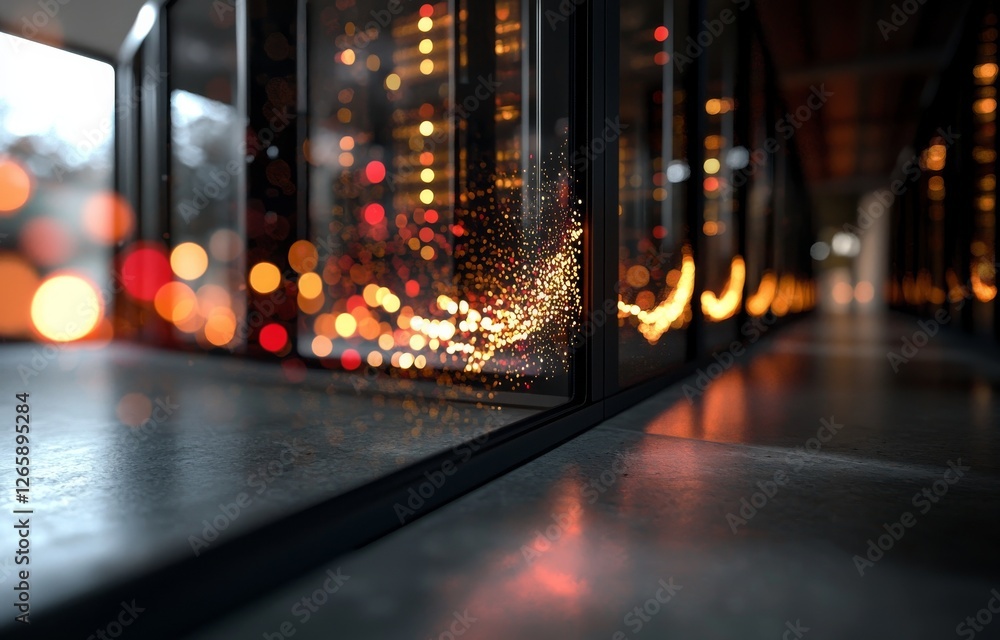 Poster the corridor of a data center room is bathed in bright bokeh light, with rows of servers visible in 