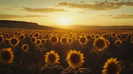 Obraz premium Sunflowers bloom under a golden sunset in a vibrant field