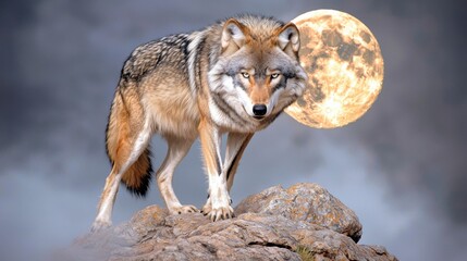 Fototapeta premium Close up of a lone wolf standing on a rocky ridge, full moon behind it, mist swirling around its powerful form
