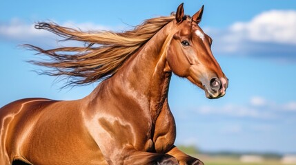 Obraz premium Close up of a horse galloping through an open field, its mane flowing in the wind, powerful and free