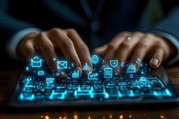 man typing on keyboard Document Management System (DMS) being setup by IT consultant working on laptop computer in office. Software for archiving corporate files