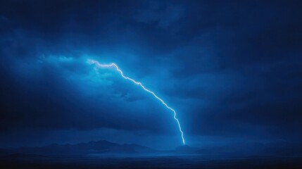 Intense lightning strike illuminates dark storm clouds over a serene landscape