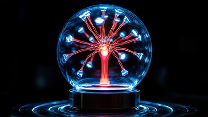 Beautiful pink plasma energy produced in a transparent glass ball in a dark room, illuminating the space