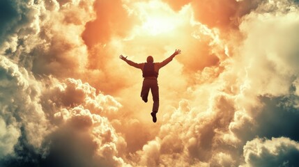 Skydiver freefalling with arms wide open above the clouds action photography open sky aerial perspective embracing freedom