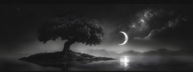 Fototapeta premium Black tree, reflection in water, night sky with crescent moon 
