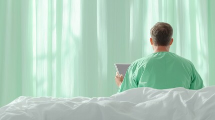 Patient using tablet in hospital bed medical facility digital interaction calm environment rear view health awareness