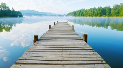 Obraz premium Close up of an old wooden dock stretching into a misty lake, water perfectly still, soft early morning light