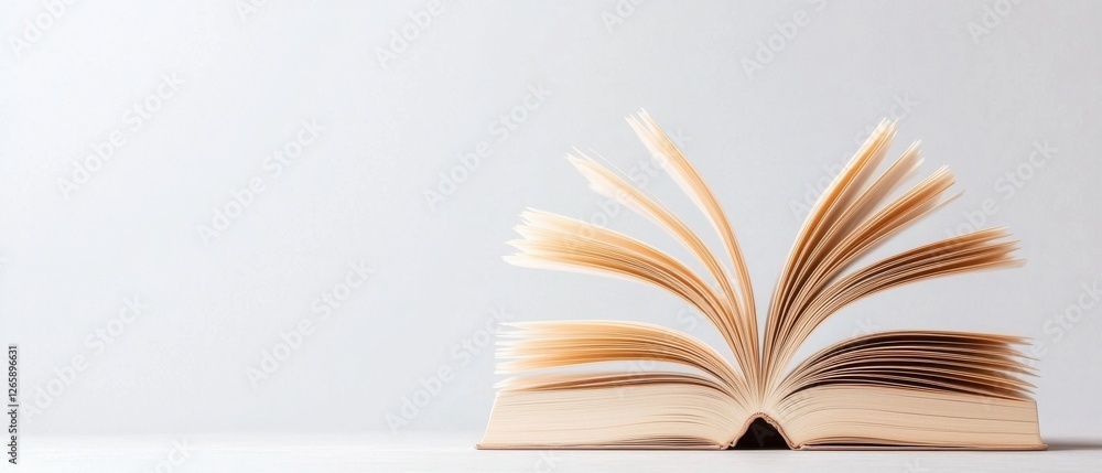 Poster exploring knowledge through an open book minimalist setting still life bright background