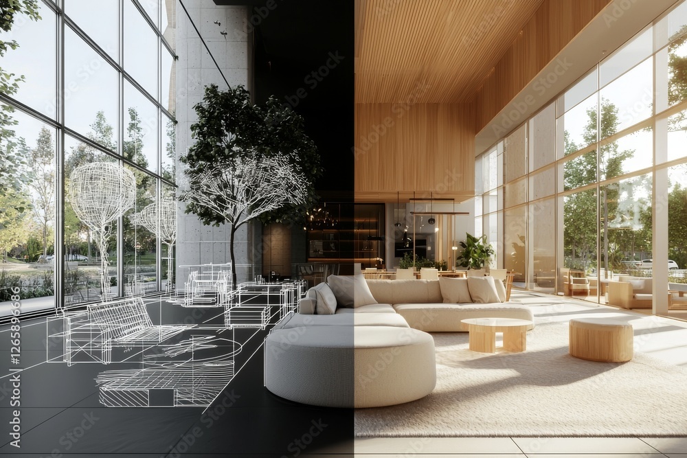 Poster the creation of a design project involves 3d visualization of an industrial open space office with a