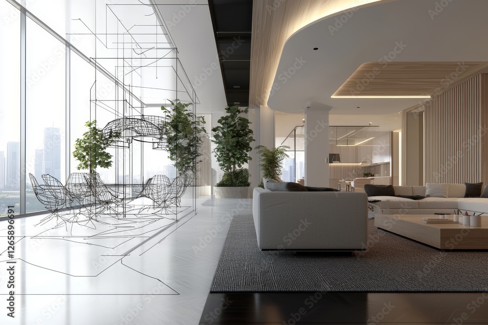 Poster development of a design project incorporating 3d visualization of a sunny industrial open space offi