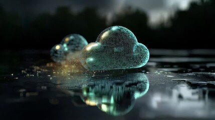 A 3D rendering of a cloud comprised of digital binary data, illustrating the concept of cloud computing and virtual data storage, ideal for use as a product background