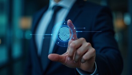 Businessman using fingerprint identification to access personal financial data. Idea for E-kyc electronic know your customer biometrics security, innovation technology against digital cyber crime