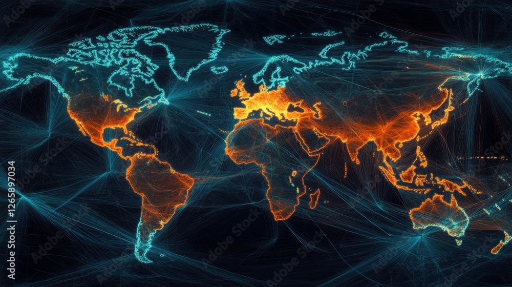 Poster bright lines representing global connectivity on world map visual representation digital art global 