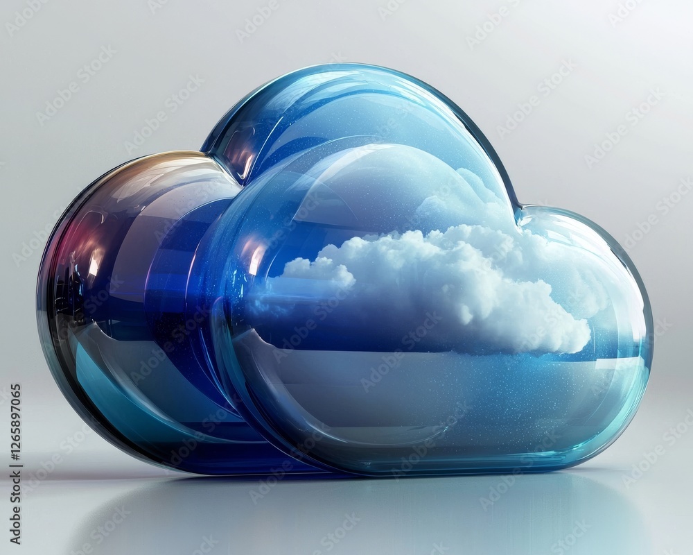 Poster the image features a blue glass cloud icon that has been isolated on white using 3d rendering techni