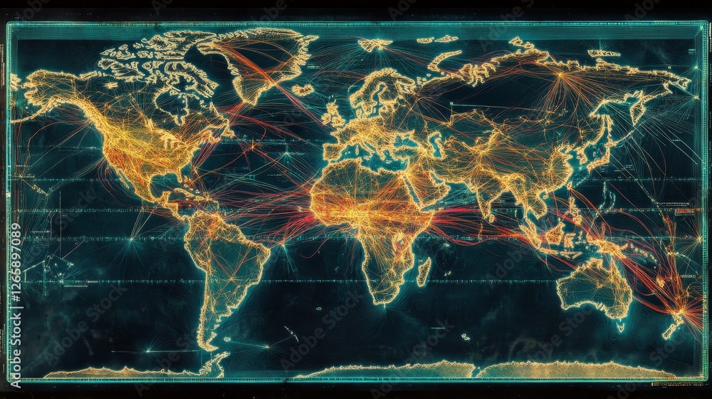 Poster illuminating connectivity world map with bright lines representing global communication digital land