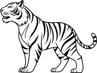 Majestic Bengal Tiger, Black and White, Line Art, Wild Animal, Powerful Predator, Stripes, Roaring, 