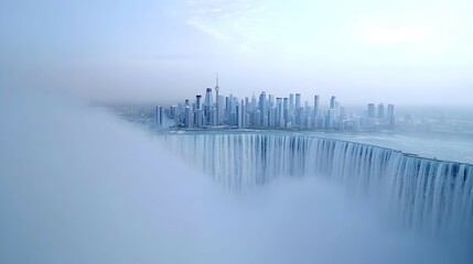 Modern City Skyline Emerging From Low Clouds
