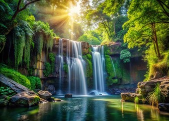 Obraz premium Lush Rainforest Waterfall Cascading over Ancient Stone Architecture