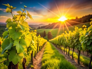 Fototapeta premium Lush Spring Vineyard Sunset: Sunstar Backlit Grapevines