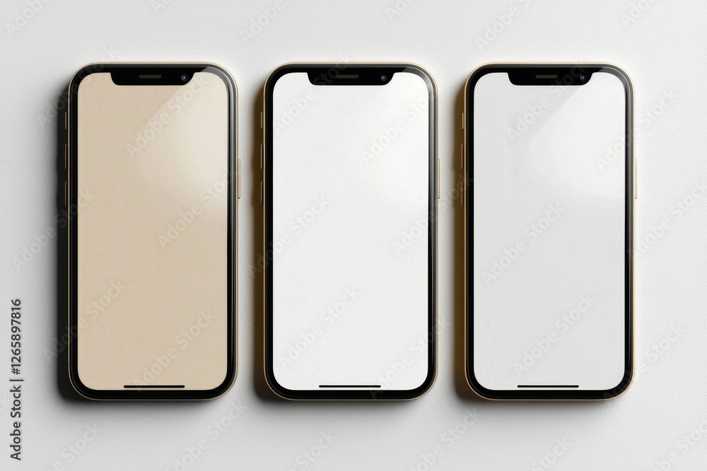 Poster three colored smartphone displaying a blank screen isolated on white