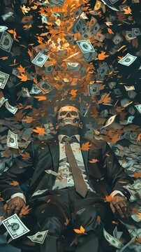 Skeleton in Suit Engulfed by Money and Leaves: Surreal Imagery of Wealth and Decay, Can't take it with you 