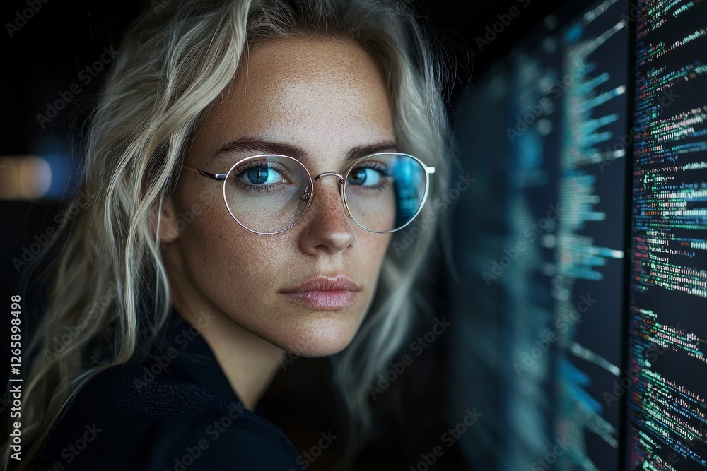 Poster a woman who freelances as a software developer, wearing glasses, creates new applications or framewo