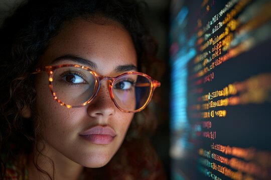 A female freelancer who is a software developer and wears glasses works on program code for C++, Java, and Javascript on large displays at night to develop new web, desktop, or mobile applications or