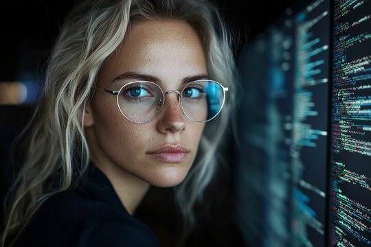 A woman who freelances as a software developer, wearing glasses, creates new applications or frameworks for the web, desktop, or mobile devices using C++, Java, and Javascript on wide screens at