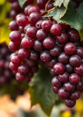 Fototapeta premium Bunch of red grapes with green leaves shallow depth of field ai generative bokeh red bokeh abstract background glow design light texture effect sparkle