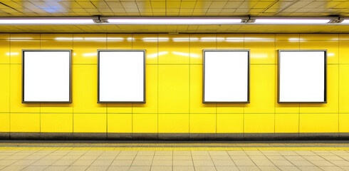 Naklejka premium Bright yellow subway station features empty frames on the wall, awaiting new posters for upcoming events or advertisements