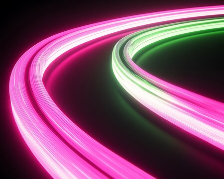 Neon pink and green glowing arcs spiraling at high speed on a dark black background.