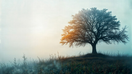 Lone tree in sunrise. Silhouette tree on hill during sunrise for meditation. Solitary tree in fog for hope and nature landscape. Magical sunrise in nature concept.