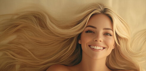 Fototapeta premium Blonde woman with long hair lies down comfortably, smiling brightly in a warm, inviting environment filled with natural light