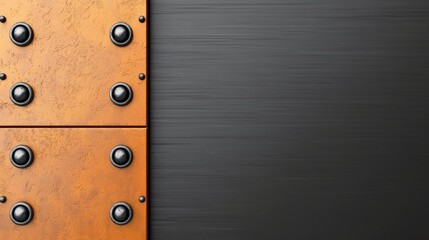 Industrial steel plate with heavy rivets on the left side, rugged and powerful, clean black right section for bold text placement