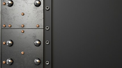 Industrial steel plate with heavy rivets on the left side, rugged and powerful, clean black right section for bold text placement