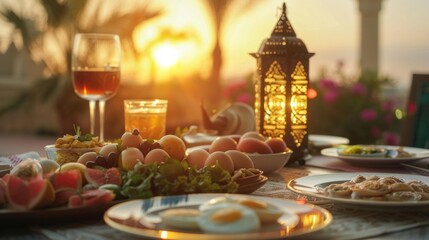 Fototapeta premium Traditional breaking the fast with Delicious Food and Warm Lighting