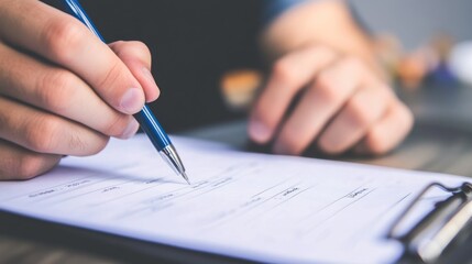 Filling out a form with a pen, business or education concept