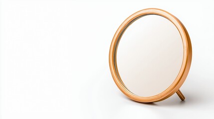 Elegant Round Mirror with Light Brown Wooden Frame on White Background