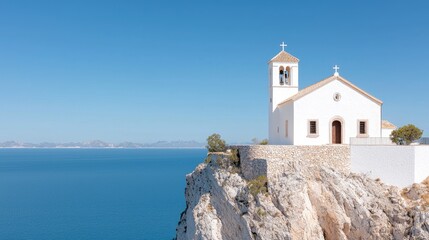 Coastal Greek church cliffside, azure sea backdrop, travel postcard