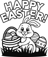 Festival Happy Easter Bunny with Basket - Line Art Illustration