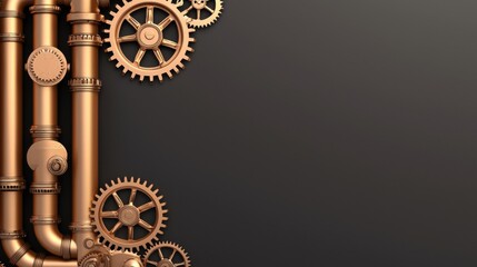 Obraz premium Steampunk industrial background with exposed brass gears and pipes on the left, warm metallic tones, empty dark gradient on the right for text placement