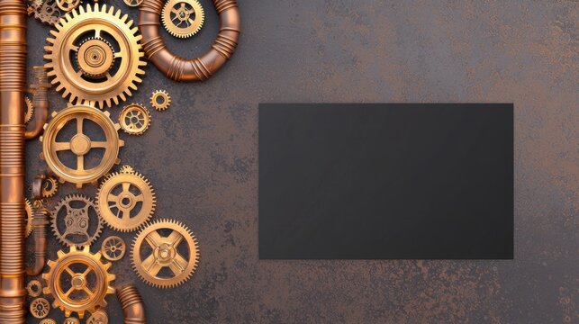 Steampunk industrial background with exposed brass gears and pipes on the left, warm metallic tones, empty dark gradient on the right for text placement