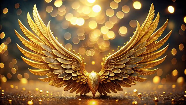 Luxurious Golden Wing with Bokeh - Isolated on Transparent Background.  Royal, Elegant Feather, Fantasy, Bird