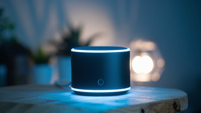 Black cylindrical smart speaker with a glowing blue LED ring on a wooden surface. Blurred background includes plants and a lamp. Soft lighting, ideal for tech or lifestyle themes