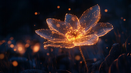 Glowing flower illuminated at night among mystical surroundings in serene nature