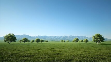 Obraz premium Serene Green Field Landscape with Distant Mountains Under a Bright Sky
