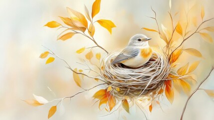 Bird in nest on tree in Spring.
