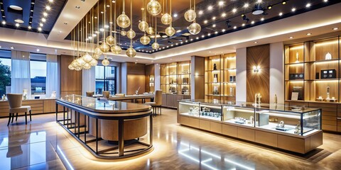 Fototapeta premium Luxurious Modern Jewelry Store Interior: Elegant Design & Sophisticated Architecture with Bokeh Effect