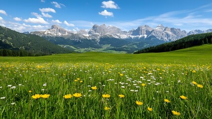 Fototapeta premium Alpine Meadow Landscape with Yellow and White Wildflowers under Blue Sky