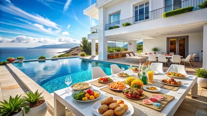 Obraz premium Luxurious Oceanfront Estate with Poolside Summer Food Photography